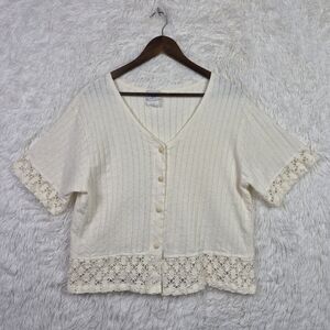 Vtg David Wayne Lace‎ Hem Short Sleeve Cardigan Cottagecore